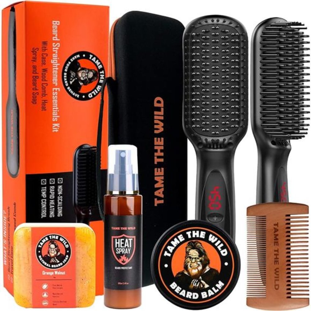 Beard Straightener Kit - Heated Beard Brush for Men - 12 Temp Settings